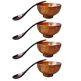 Cuenco de madera de estilo japonés para servir vajilla de arroz, sopa, inmersión, café, té, decoración 4 piezas (4 cuencos + 4 cucharas)